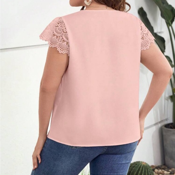 Plus Size Sheer Lace Sleeve Scallop Trim Top Blouse Shirt Green - Picture 13 of 16